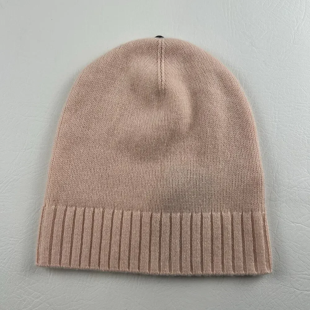 Nordstrom Rack 100% Cashmere Beanie Pink Ribbed Cuff Knit Winter Hat NWT